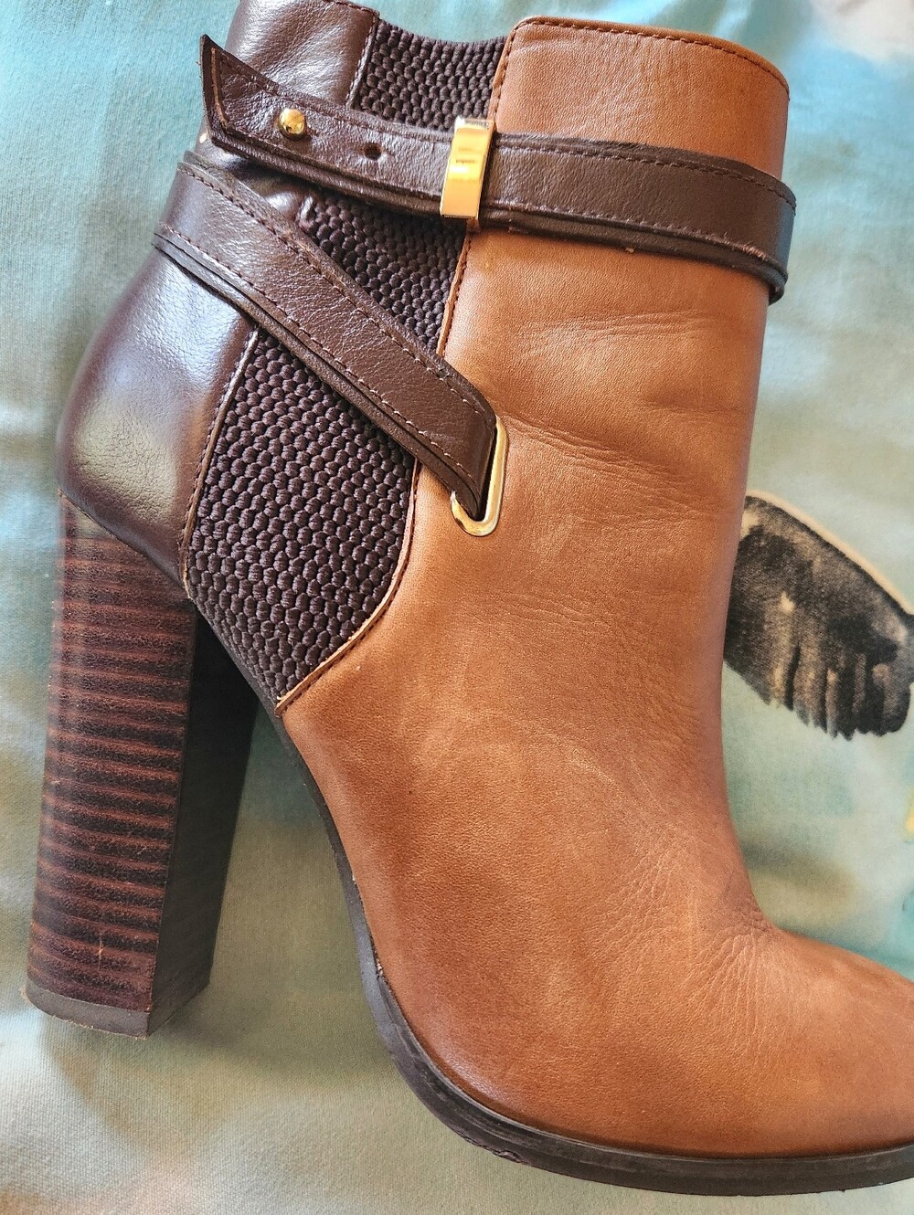 ALDO Zip LEATHER STRAP Two Tone Brown Block 4" Heels Ankle Gold Buckle Booties 7